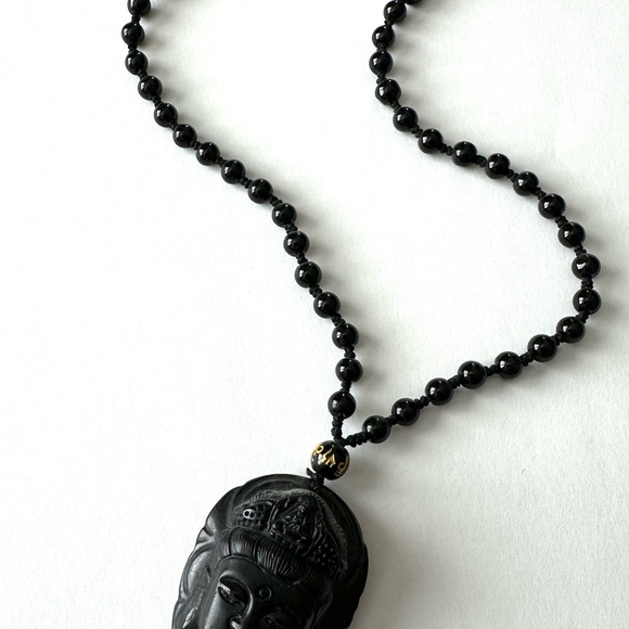 BLACK BEADED CARVED BUDDHA NECKLACE Pendant Necklace Meditation Gemstone - Picture 5 of 7